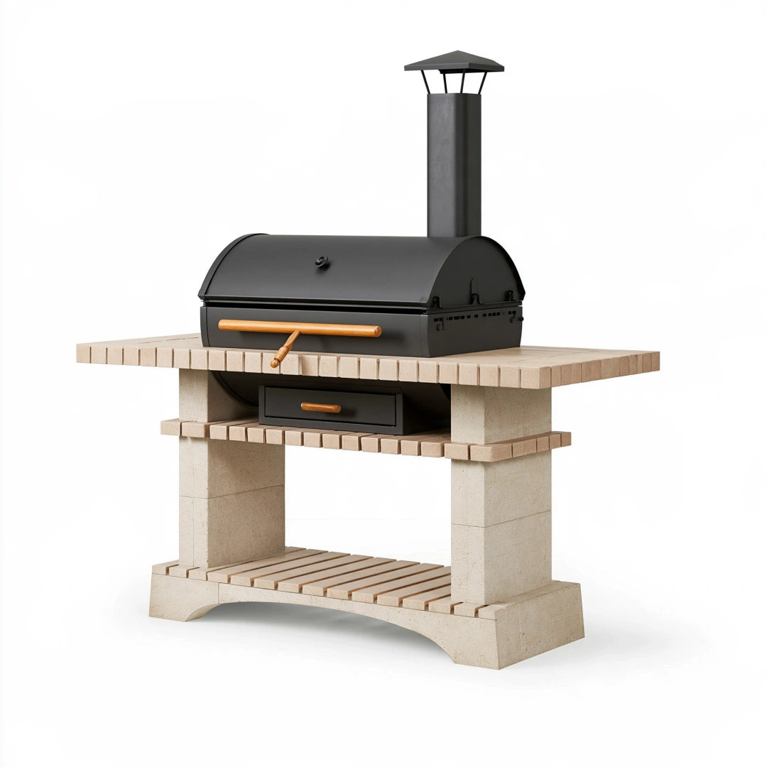 Barbecue de jardin 160 x 70 x 185 cm en acier noir et pierre beige à foyer fermé