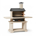 Barbecue de jardin 180 x 75 x 220 cm en pierre beige et acier noir avec cheminée