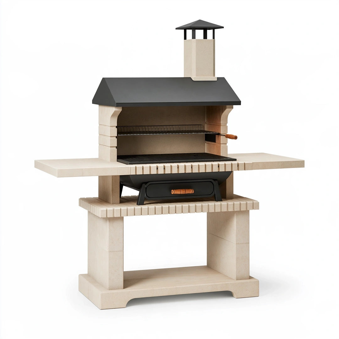 Barbecue de jardin 180 x 75 x 220 cm en pierre beige et acier noir avec cheminée