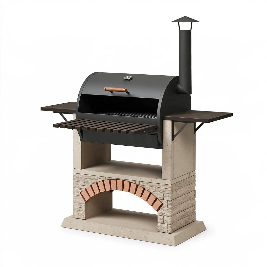 Barbecue de jardin 150 cm en acier noir et pierre avec hotte et cheminée