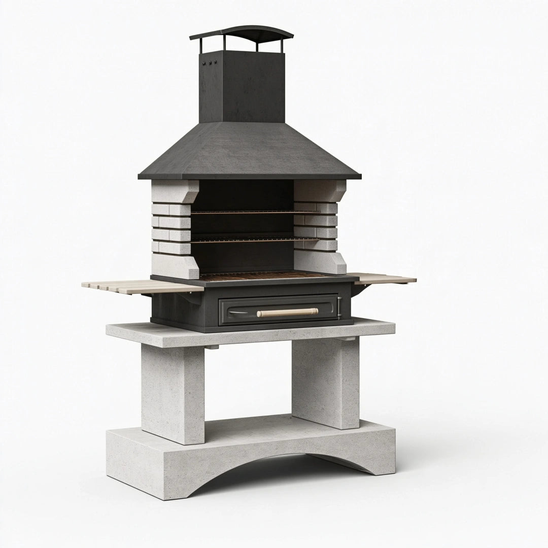 Barbecue de jardin 120 x 70 x 220 cm en béton et acier noir avec hotte