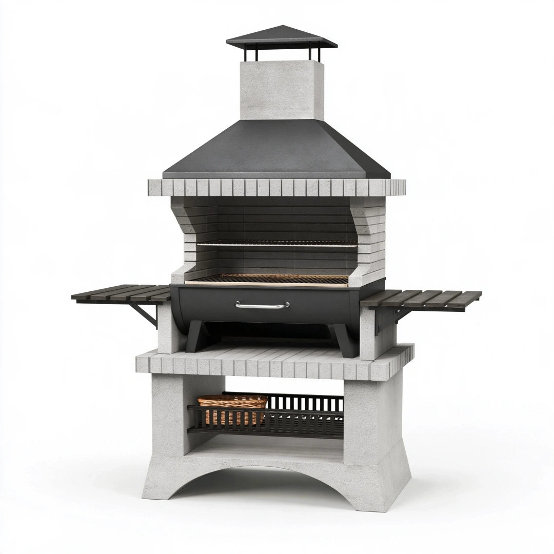 Barbecue de jardin 145 x 70 x 235 cm en béton gris et acier noir avec cheminée