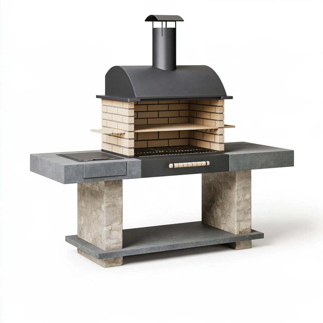 Barbecue de jardin 180 x 80 x 210 cm en acier brique et pierre gris noir style maçonné avec cheminée