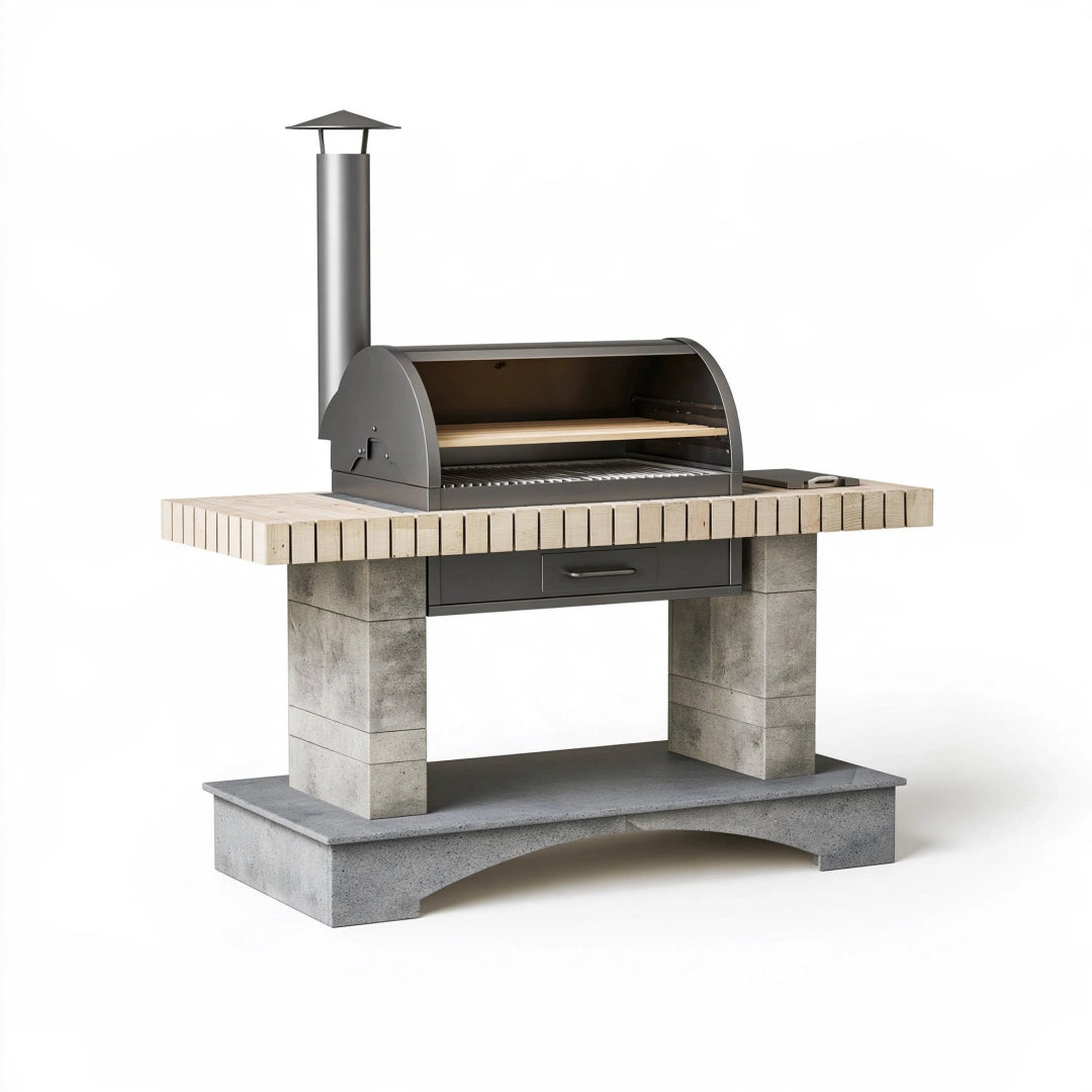 Barbecue de jardin 180 x 75 x 210 cm en acier bois et béton gris anthracite à cheminée
