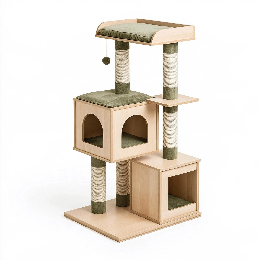 Arbre à chat 60 x 60 x 150 cm en bois beige et vert avec griffoirs et niches