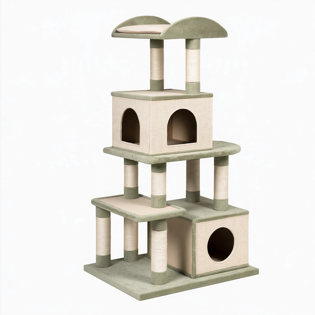 Arbre à chat 60 x 60 x 170 cm en bois sisal vert sauge beige avec niches et plateformes