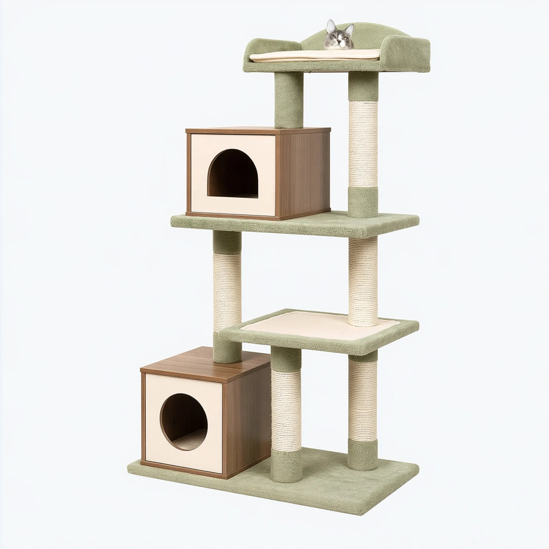 Arbre à chat 60 x 50 x 150 cm en bois textile et sisal vert sauge avec niches et griffoirs