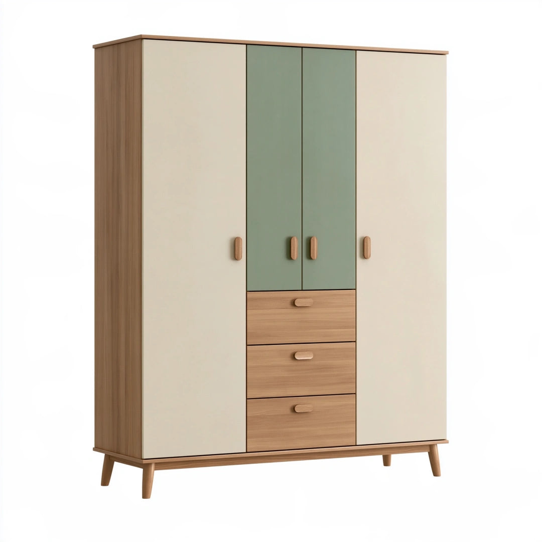 Armoire 160 x 55 x 190 cm en panneaux de bois beige vert sauge avec 4 portes et 3 tiroirs style scandinave