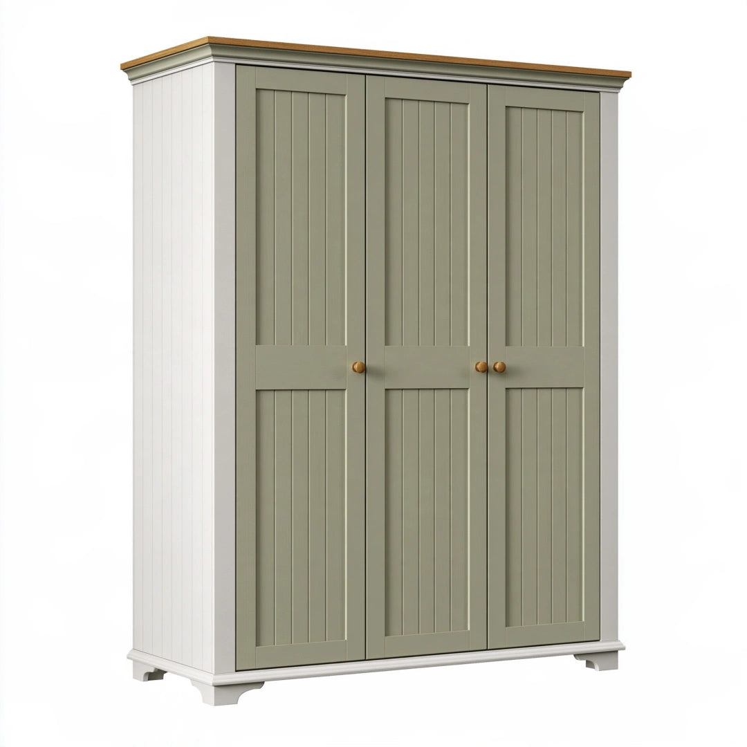 Armoire 160 x 60 x 200 cm en bois vert sauge blanc style campagne à 3 portes
