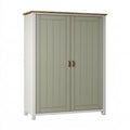 Armoire de rangement 120 x 55 x 190 cm en bois vert sauge et blanc style campagne à 2 portes