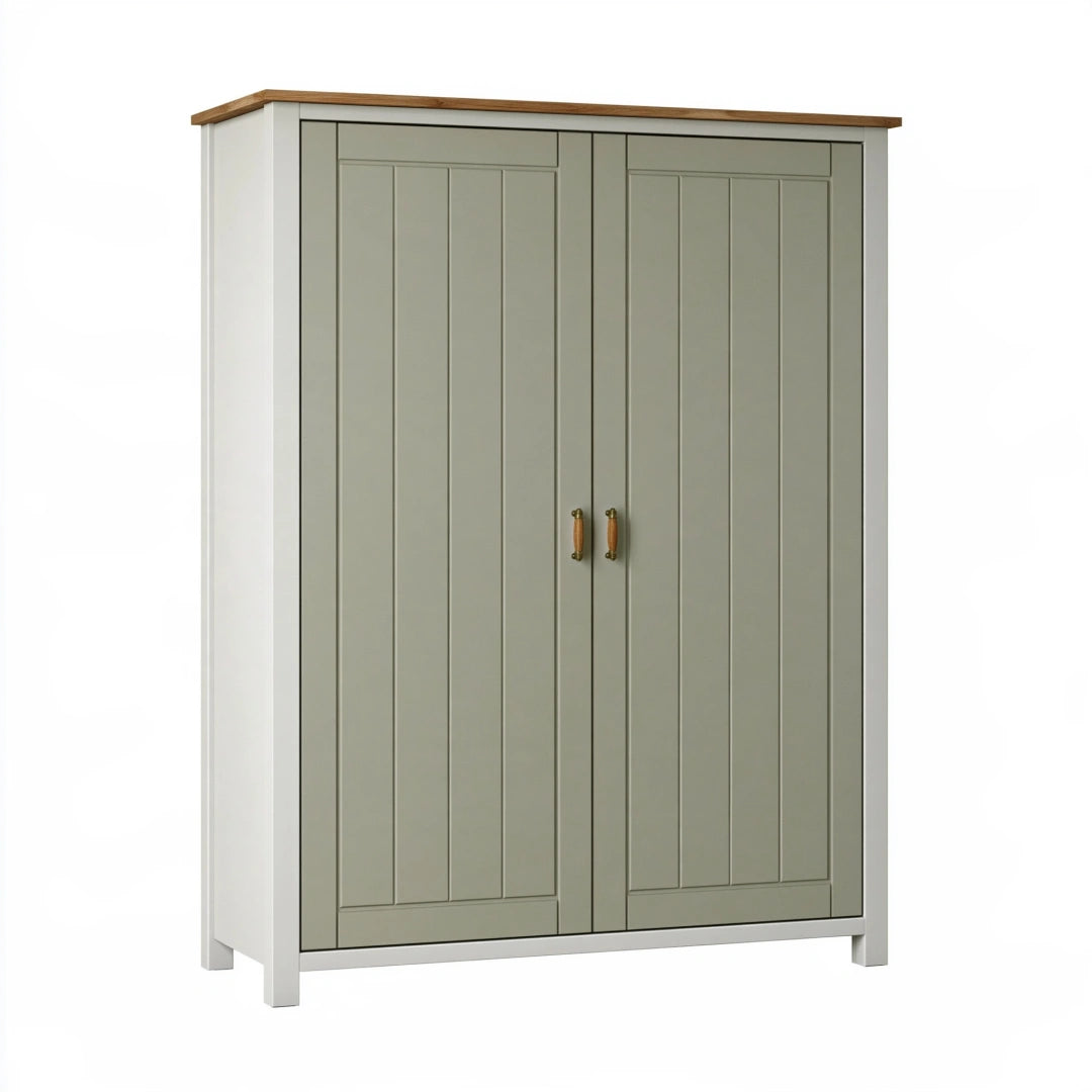 Armoire de rangement 120 x 55 x 190 cm en bois vert sauge et blanc style campagne à 2 portes