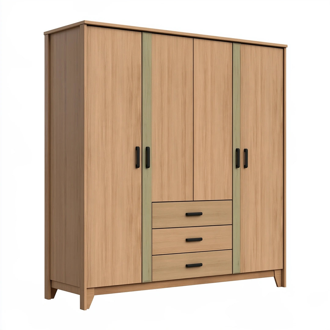 Armoire 180 x 55 x 200 cm en panneaux de bois brun/vert avec 4 portes et 3 tiroirs style contemporain