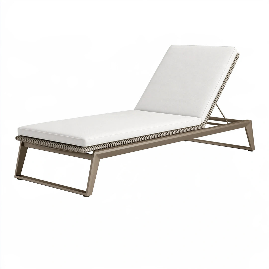 Bain de soleil 200 x 70 cm en métal taupe avec assise tressée et dossier réglable pour extérieur