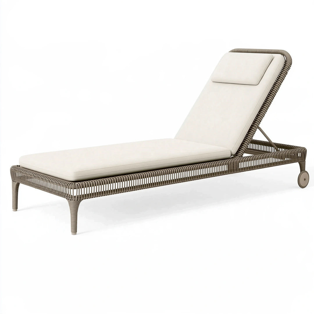 Bain de soleil 200 cm en fibre synthétique tressée taupe et ivoire avec dossier inclinable