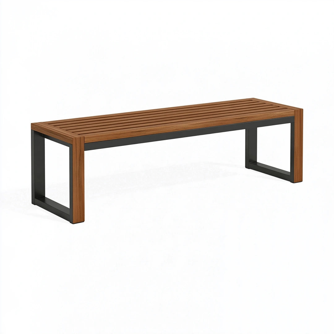 Banc de jardin 120 cm en bois brun et métal noir à lattes style industriel