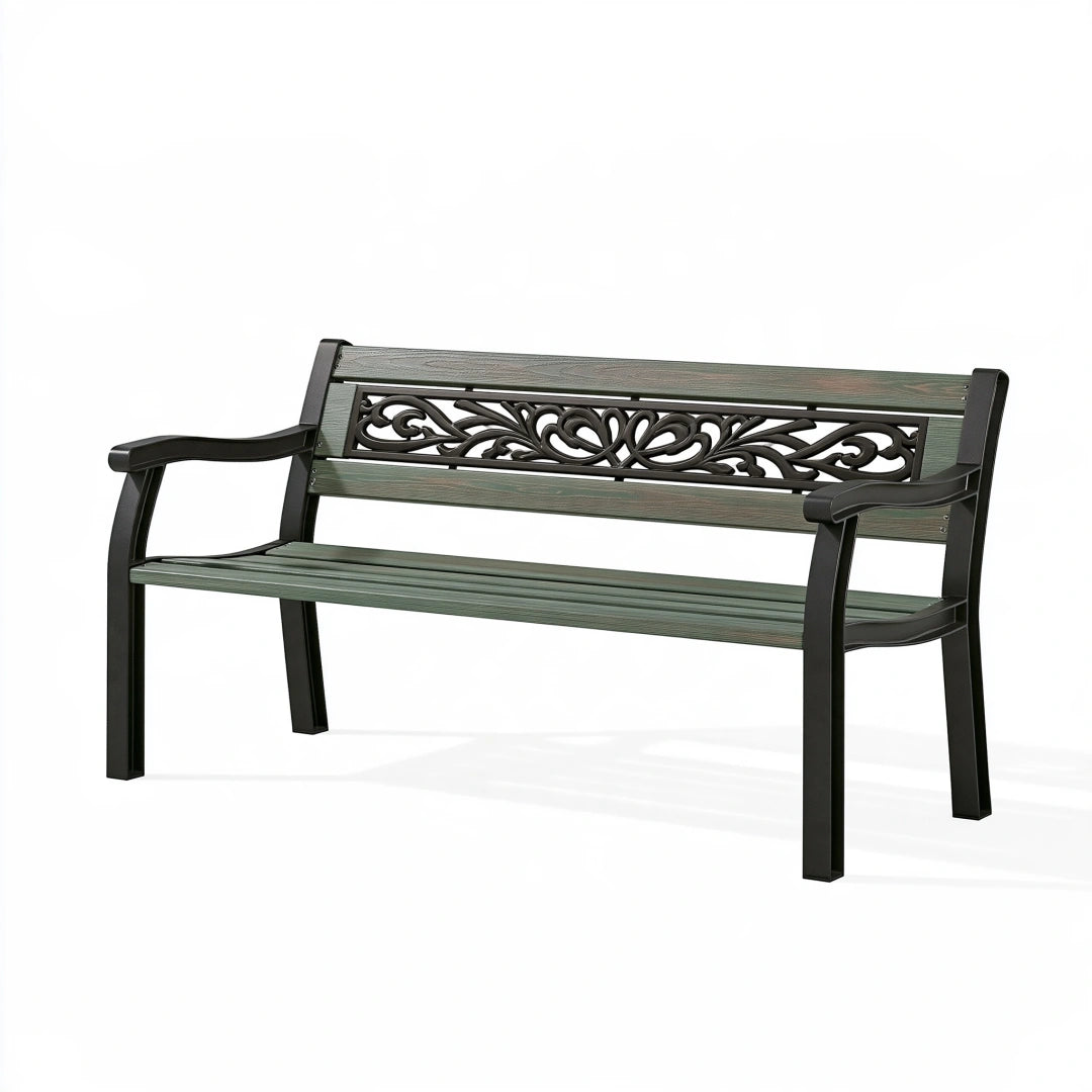 Banc de jardin 122 x 60 x 86 cm en métal et lattes effet bois vert noir avec accoudoirs