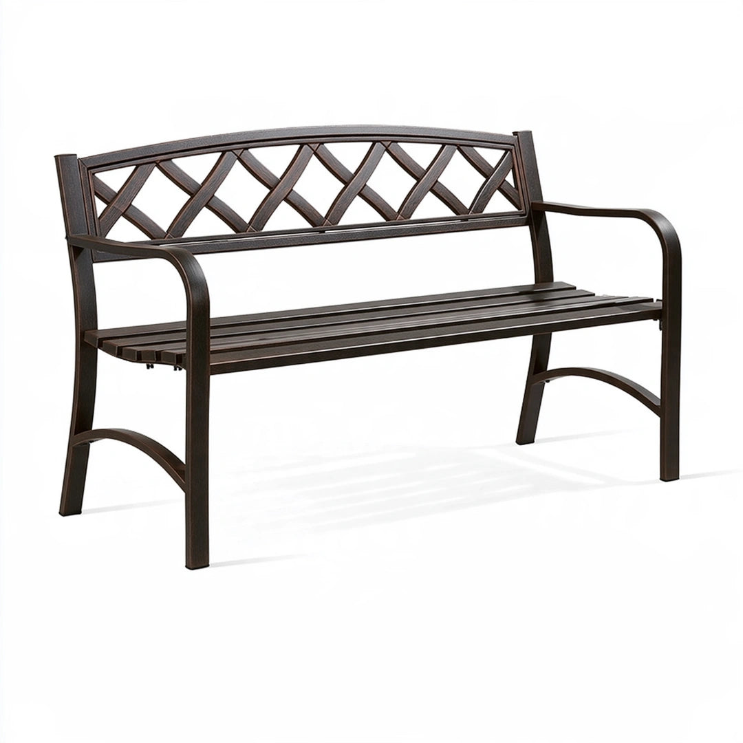 Banc de jardin 122 cm en métal brun foncé à dossier entrecroisé
