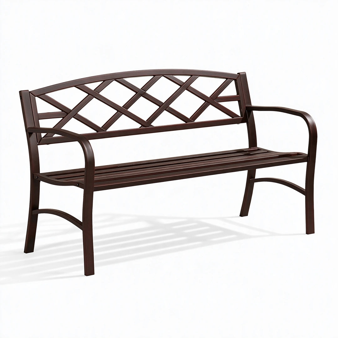 Banc de jardin 122 cm en acier brun à dossier treillis classique