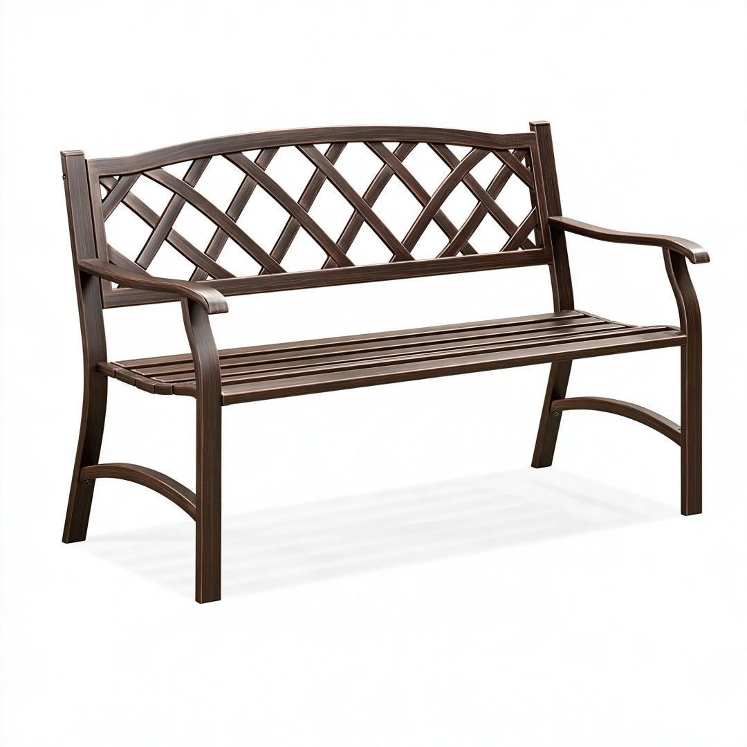 Banc de jardin 122 x 63 x 88 cm en acier brun style classique à dossier treillis