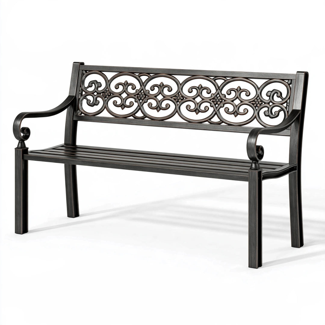 Banc de jardin 120 x 60 x 90 cm en métal noir style classique à dossier décoratif