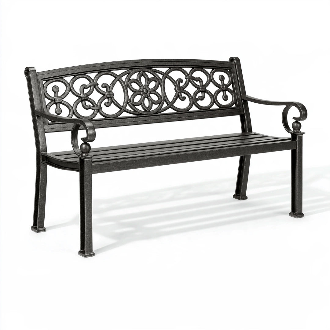 Banc de jardin 127 cm en métal noir décor floral classique